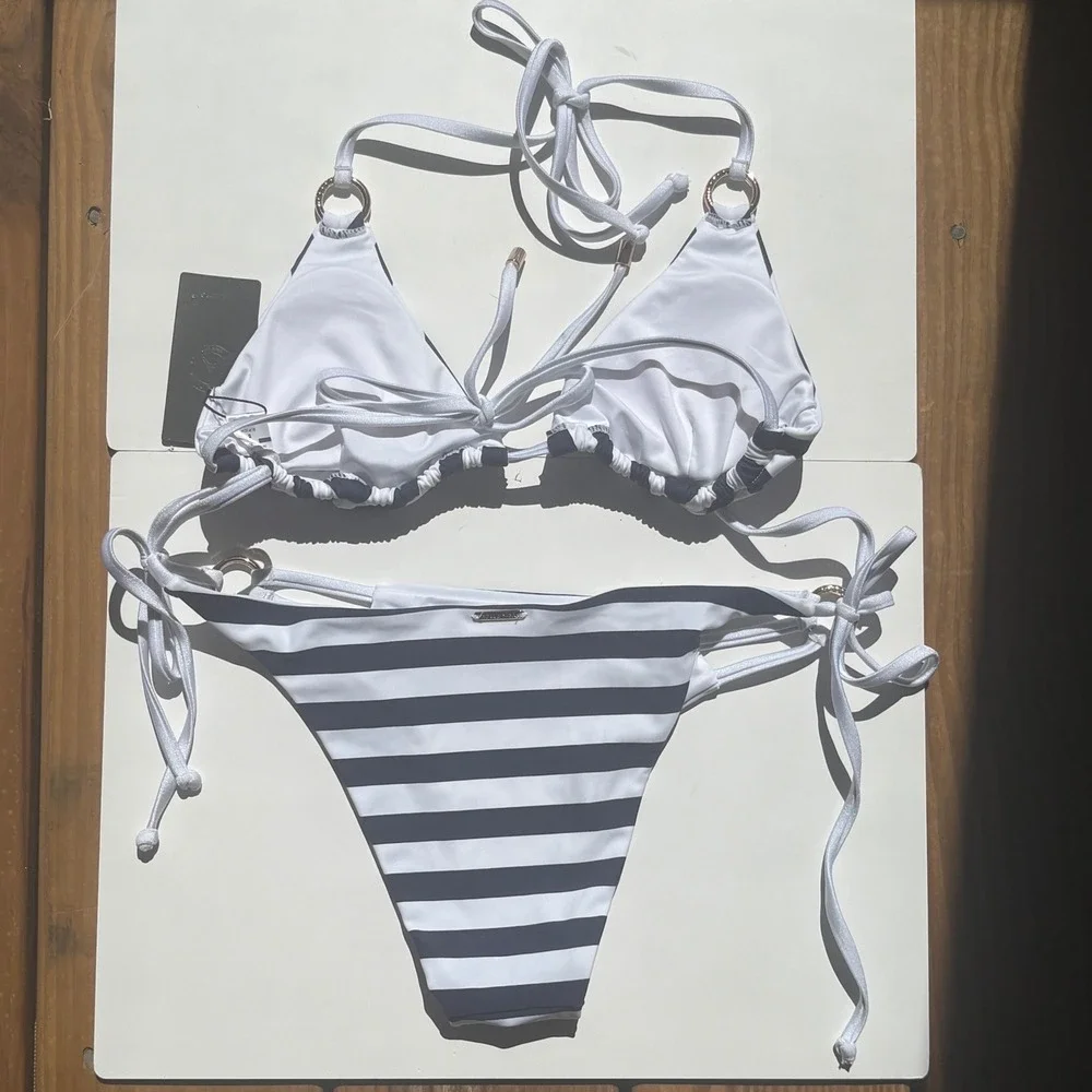 RELLECIGA Womens Striped Triangle Bikini Set Navy Blue White Size Small